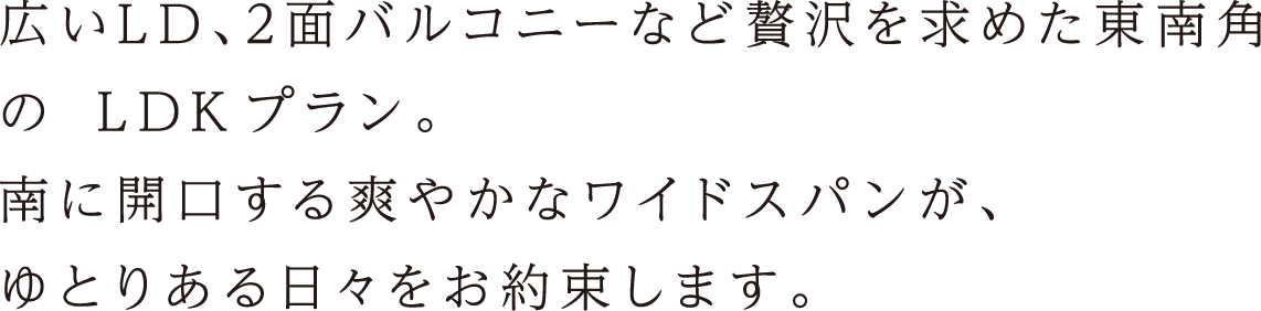 広いLD、2面バルコニーなど贅沢を求めた東南角の4LDKプラン。南に開口する爽やかなワイドスパンが、ゆとりある日々をお約束します。